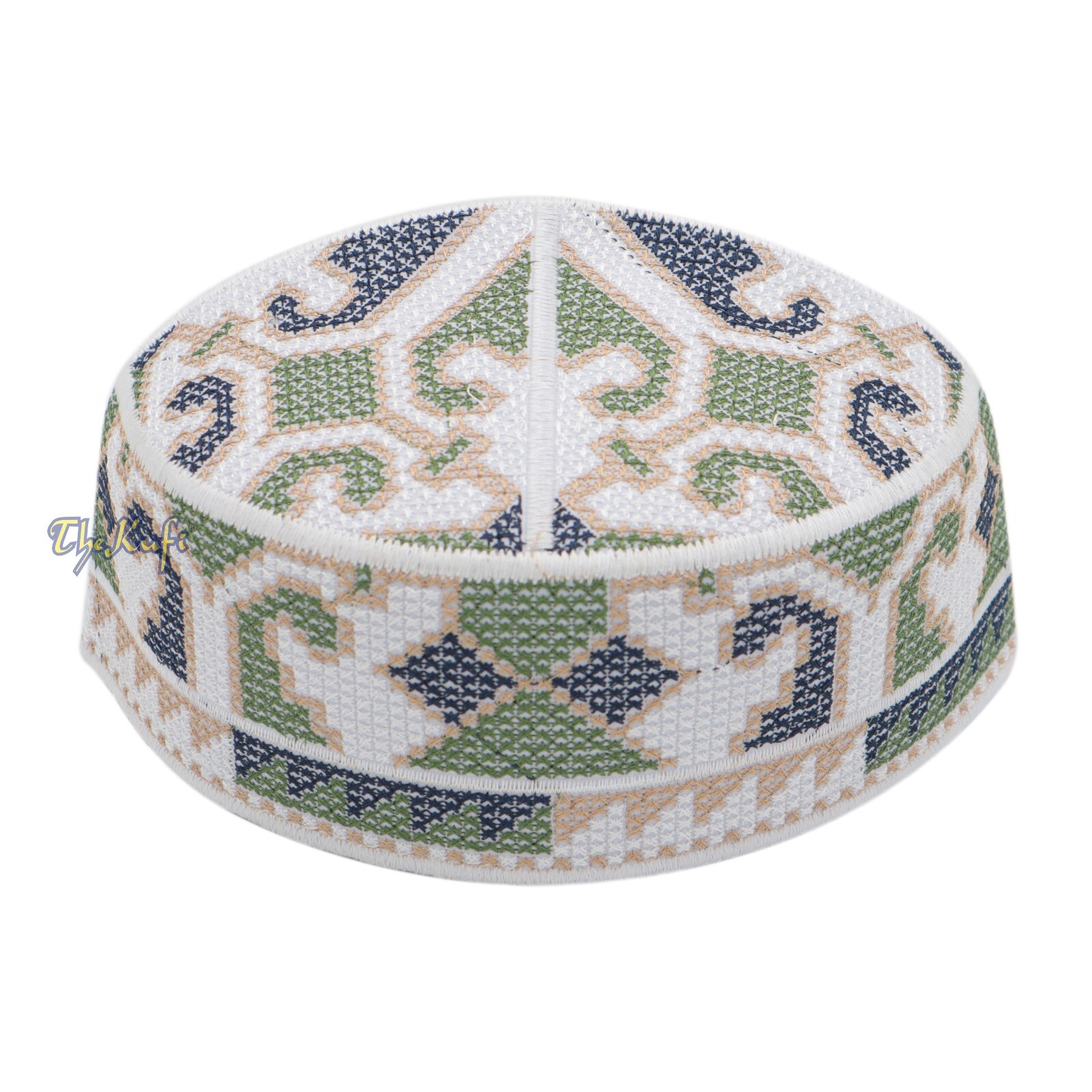 White Army Green Blue Embroidered Orchid Design SemiRigid Islamic Pakistan Kufis