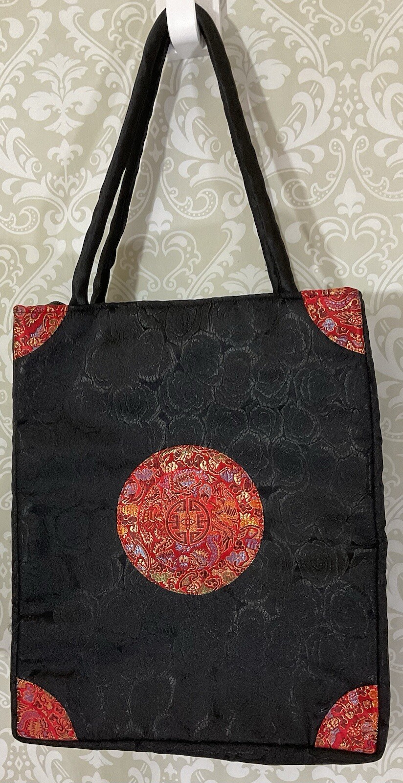 Oriental Tote Handbag Silk Embroidered Red On Black Asian Style