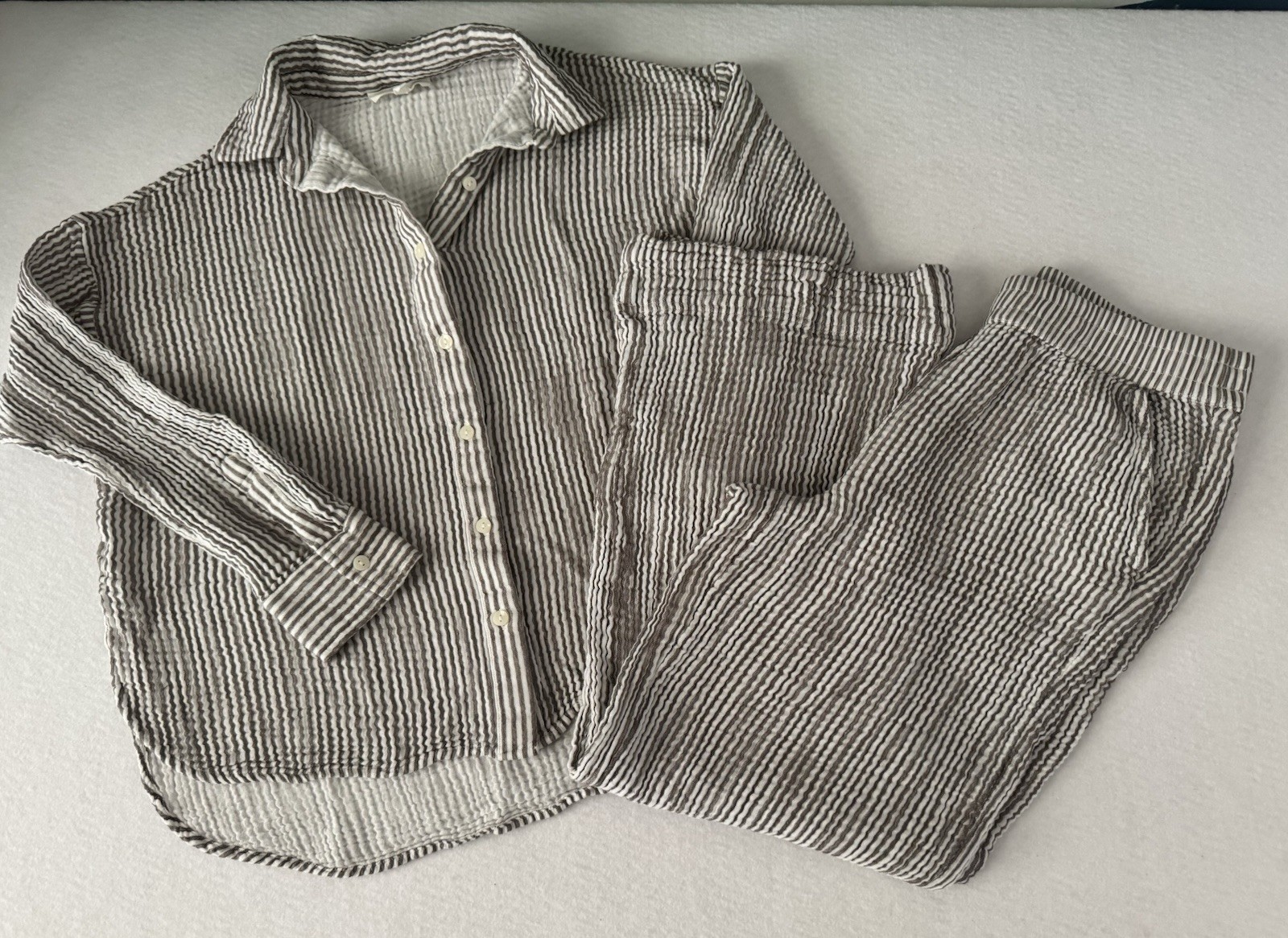 Lou & Grey Med Striped Triple Cloth Shirt & Wide Leg Pant 100% Cotton Lounge Set
