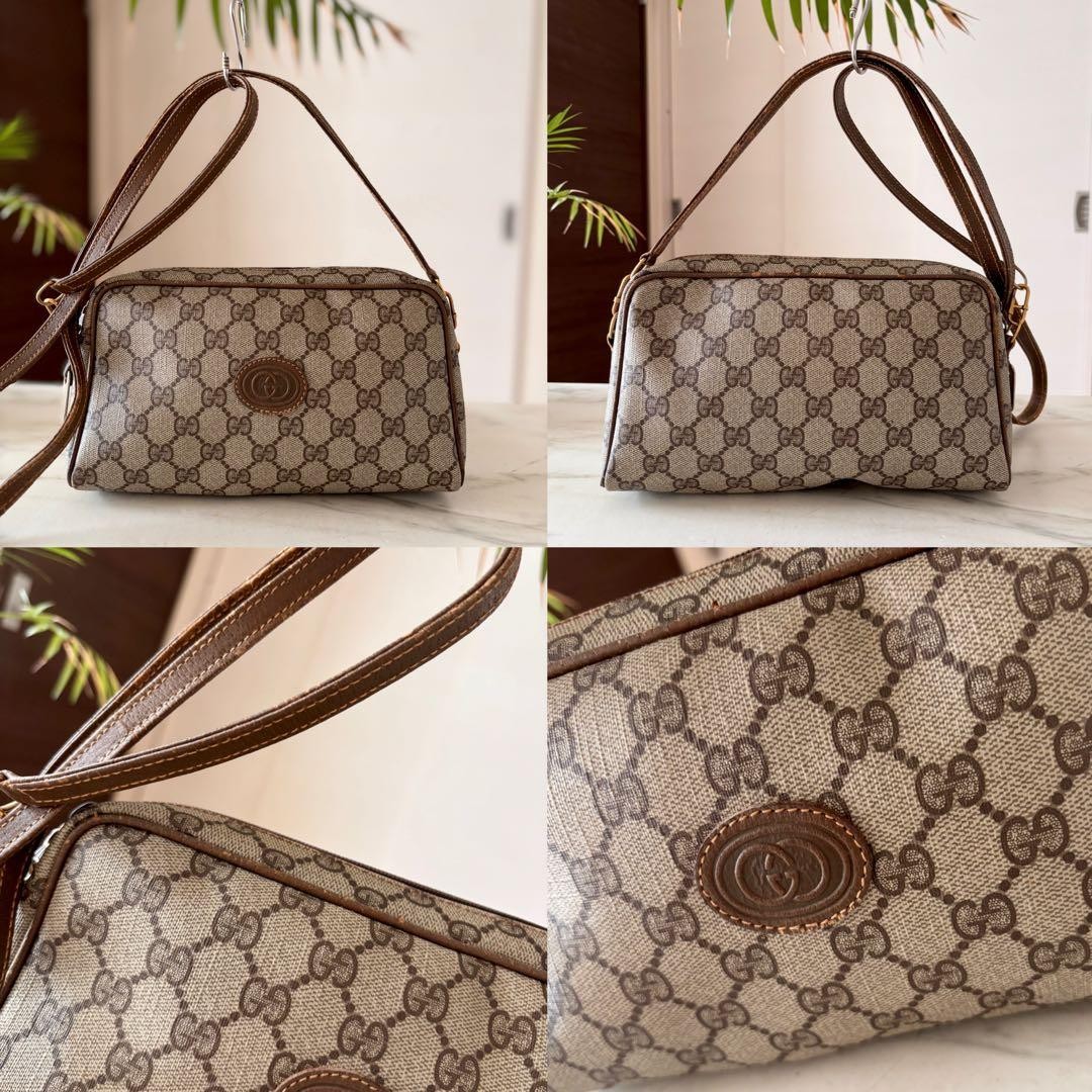 GUCCI Vintage GG Canvas Leather Shoulder Bag Brown Crossbody