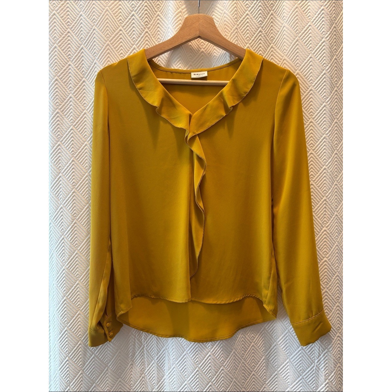 BABATON ARITZIA Ruffle Front Blouse XXS Mustard Yellow Workwear Career Top