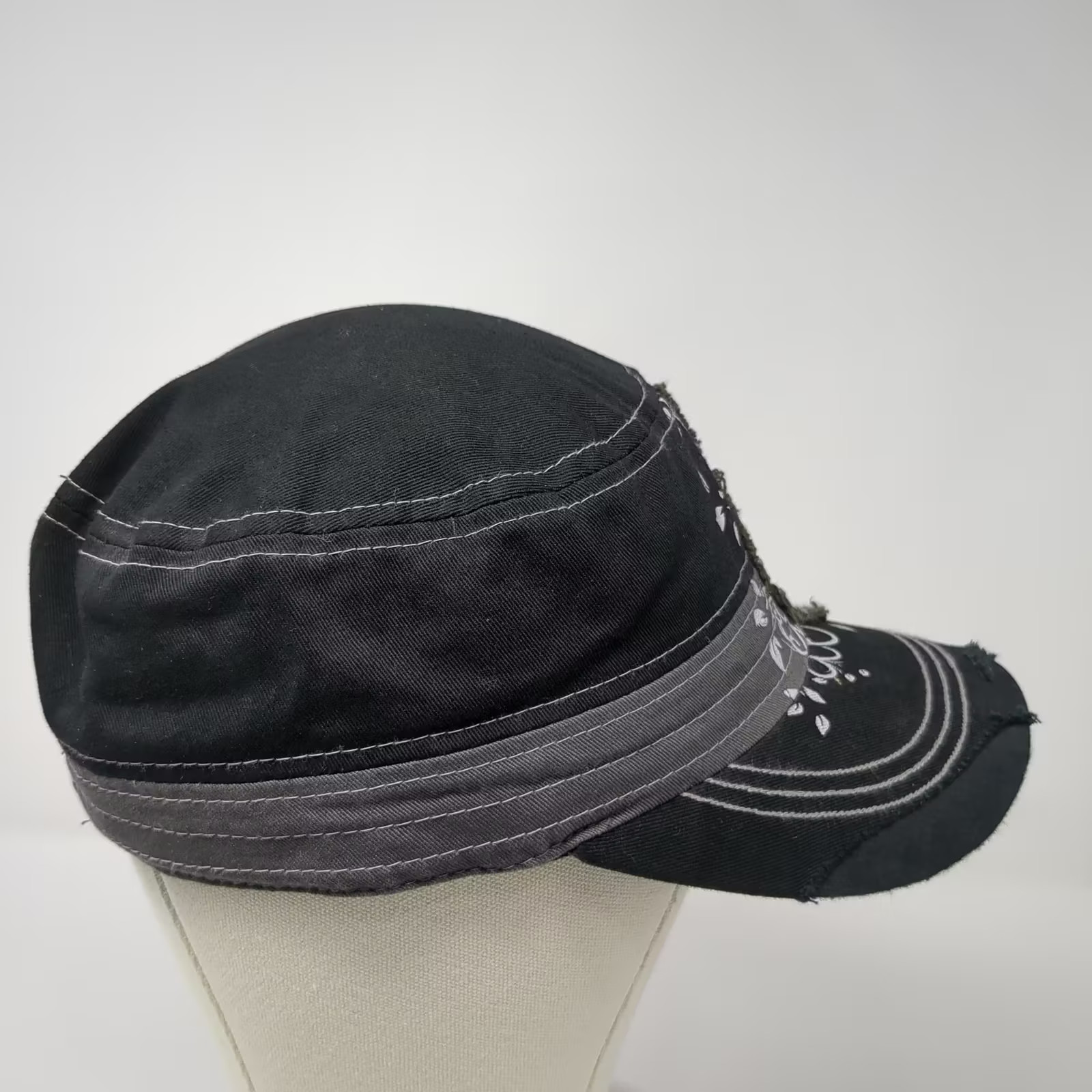 KBETHOS Army Cap Black One Size Fleur-de-Lis Rhinestone Floral Distressed Hat