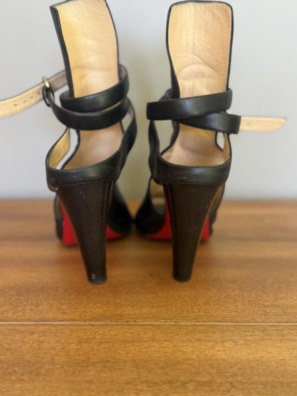 Christian Louboutin Black Leather Strappy Ankle Strap Peep Toe Heels EU 37