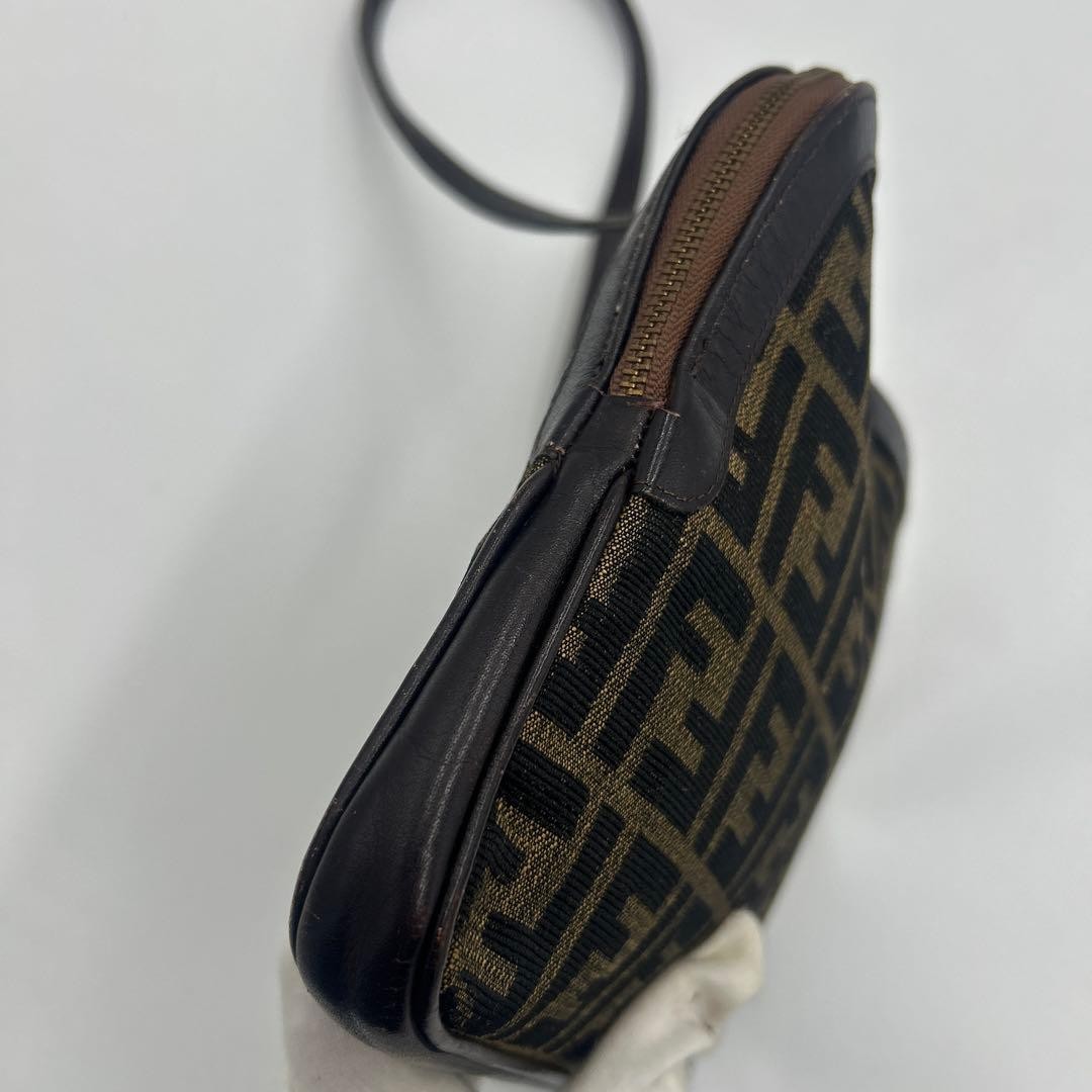 FENDI Zucca FF Shoulder Bag Ziplock Leather Canvas Brown Beige Gold #2702
