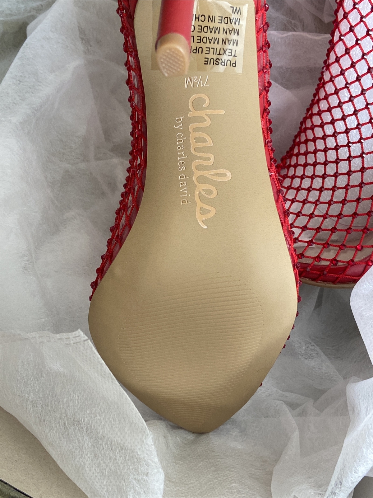 CHARLES BY CHARLES DAVID Rhinestone Mesh Vinyl Heels Fiery Red Women’s Size 7.5