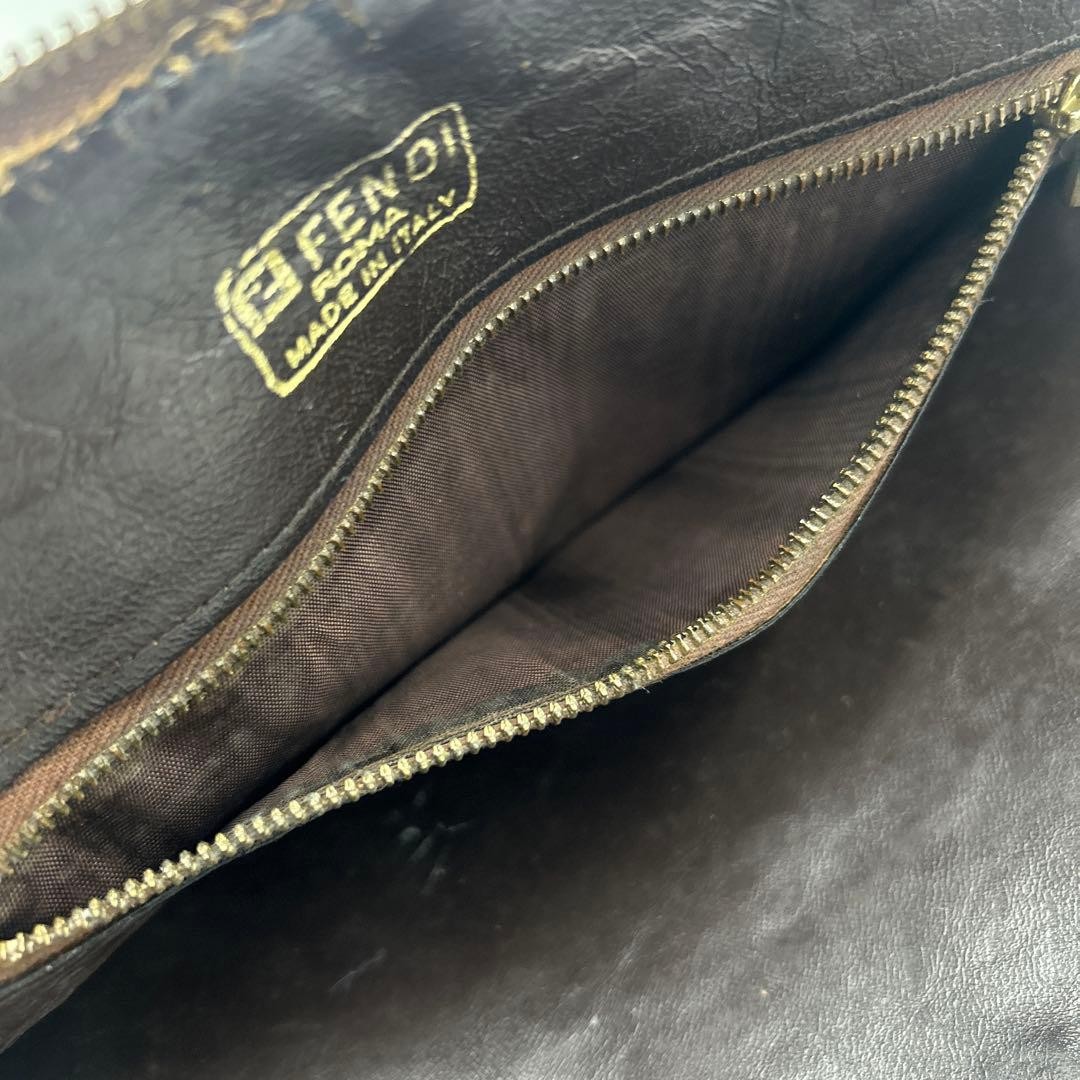 FENDI Zucca FF Shoulder Bag Ziplock Leather Canvas Brown Beige Gold #2702