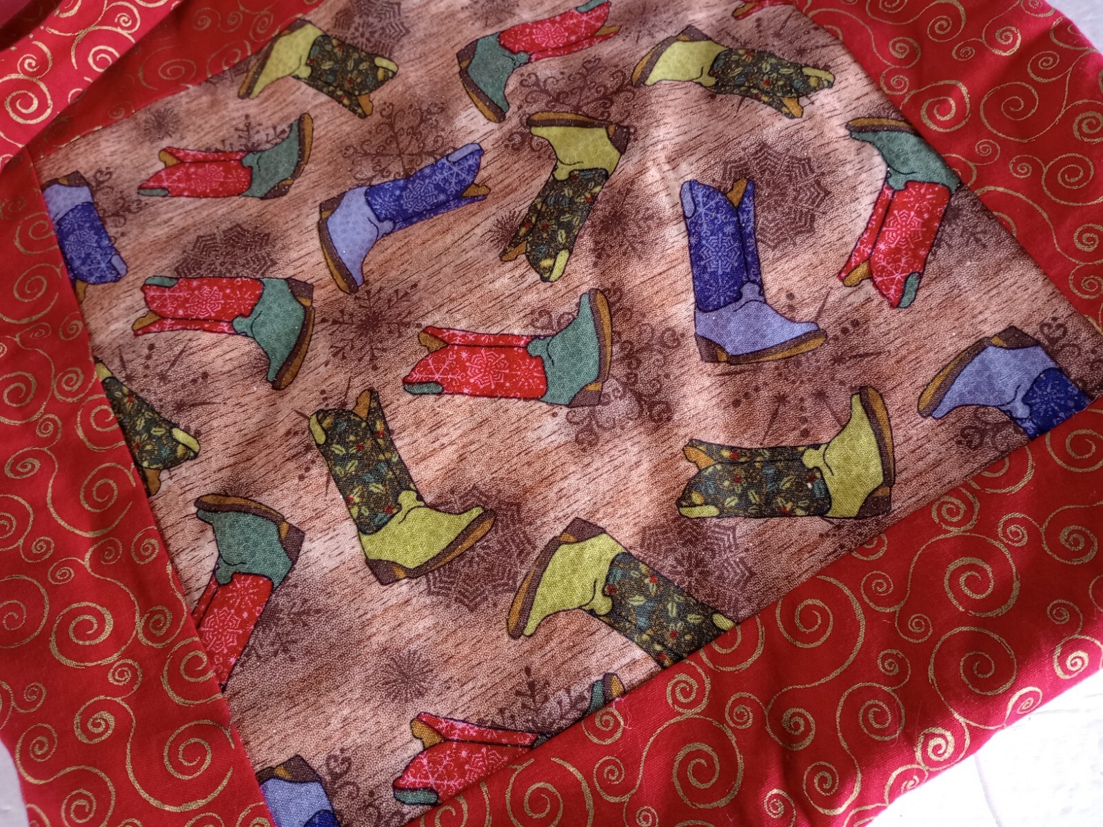 Handmade Cloth Re-Usable Shopping Tote Bag Cowboy Boot Print Colorful Red Sparkl