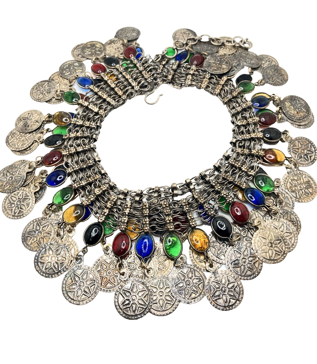 Vintage Silver-Toned Belly Dancer Belt with Multi-Color Cabochons 37″-41″