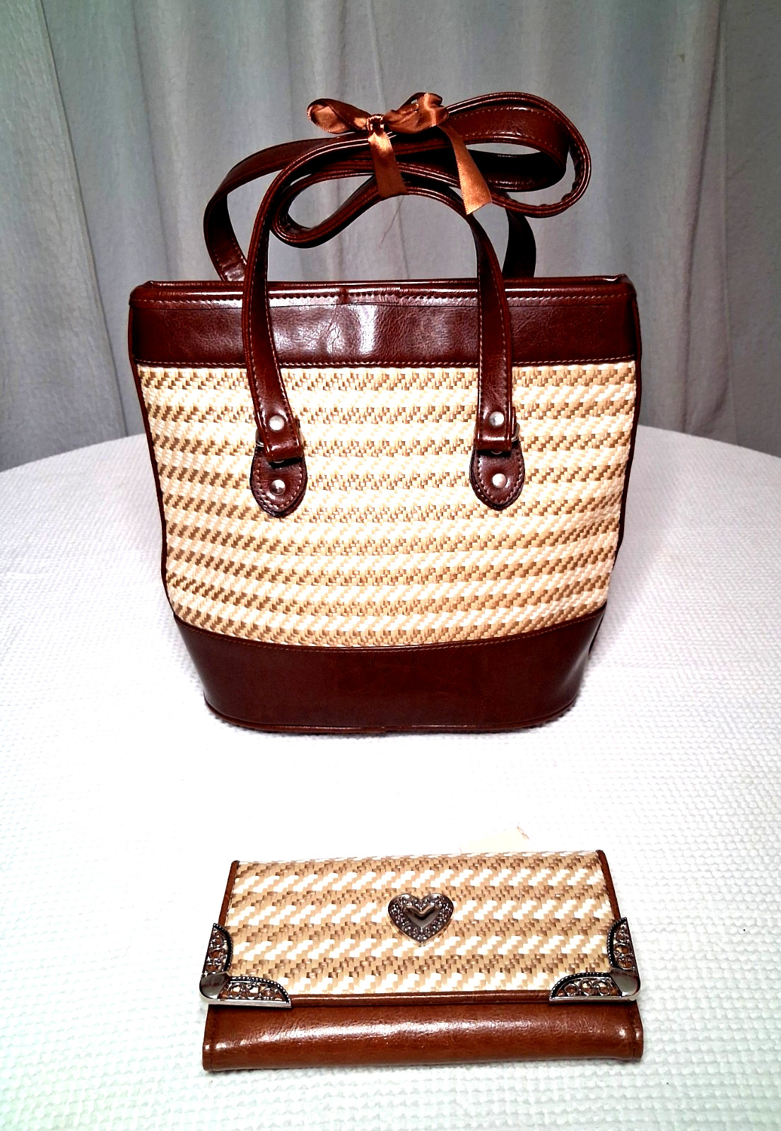 MINT Vintage Texas Leather Woven Straw Shoulder Bag 3PC Wallet Removable Insert