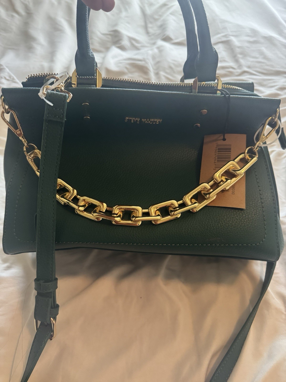 Steve Madden Green Medium Satchel Top Handle Zip Crossbody Strap Gold Chain