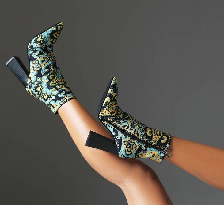 Retro Floral Women’s Pointed Toe Chunky Heels Side Zip Ankle Boots Fashion Pumps