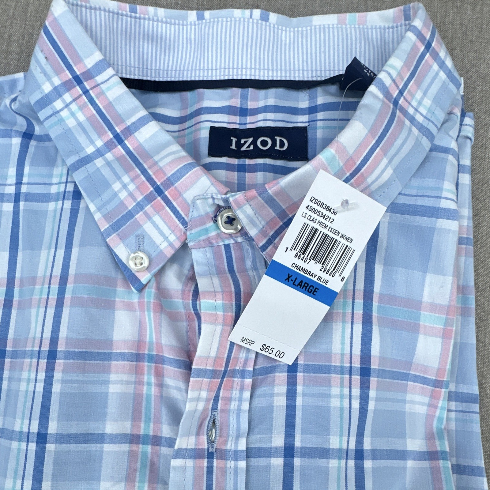 IZOD Men’s XL Blue Pink White Plaid Cotton Woven Long Sleeve Button-Down Shirt