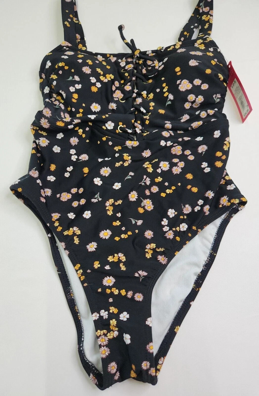 Xhilaration Juniors Black Floral Medium Cover 1 Pc Swimsuit Size S 0-2 Lace Up