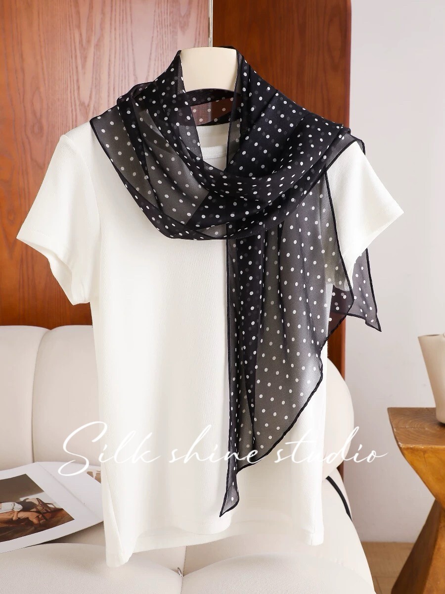 Chic Black & White Polka Dot 100% Silk Scarf -Lightweight 63″x12″ Oblong Summer
