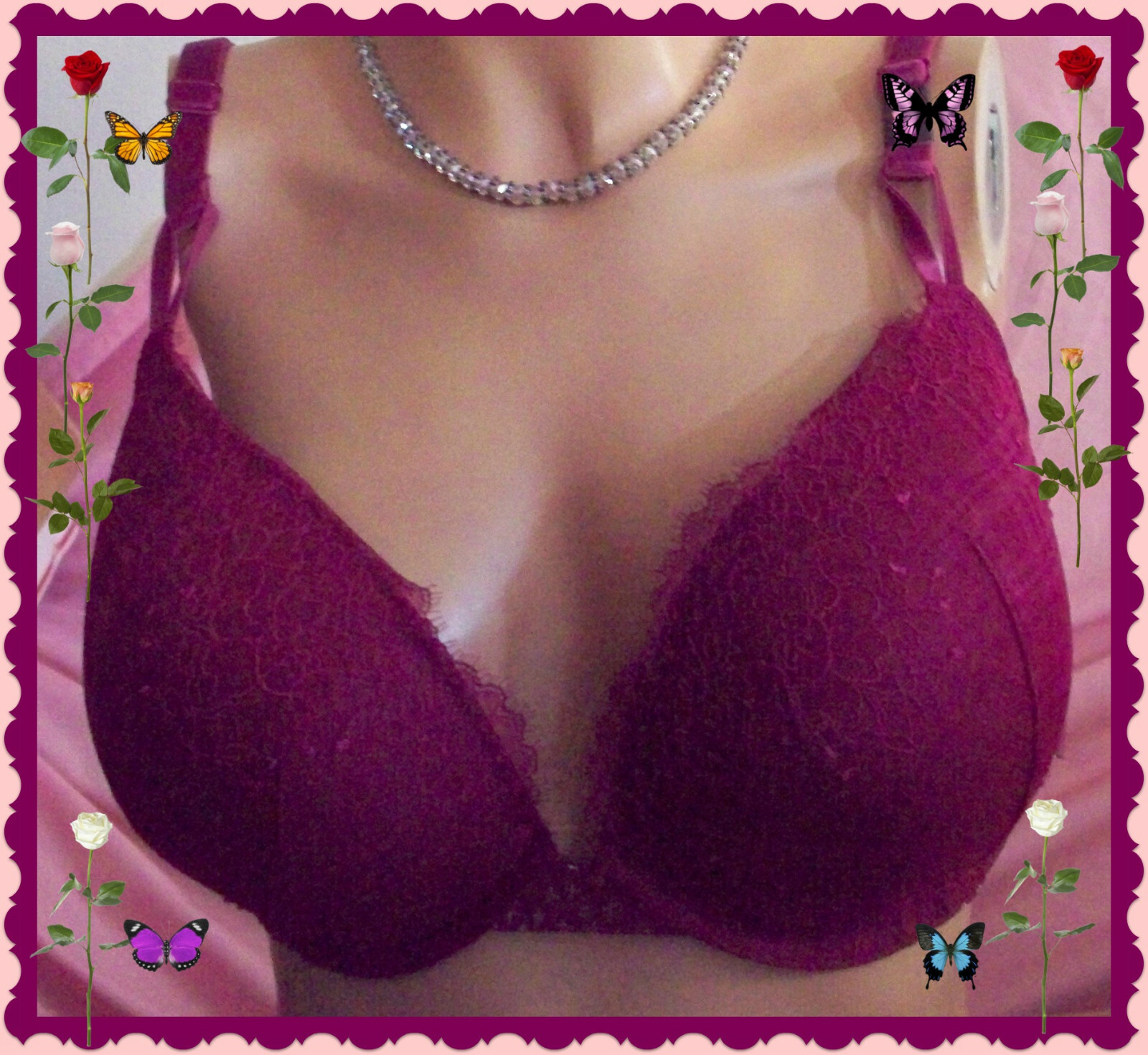 38D Berry LACE Mesh STAR Wings VELVET Strap Victorias Secret Plunge PU UW Bra