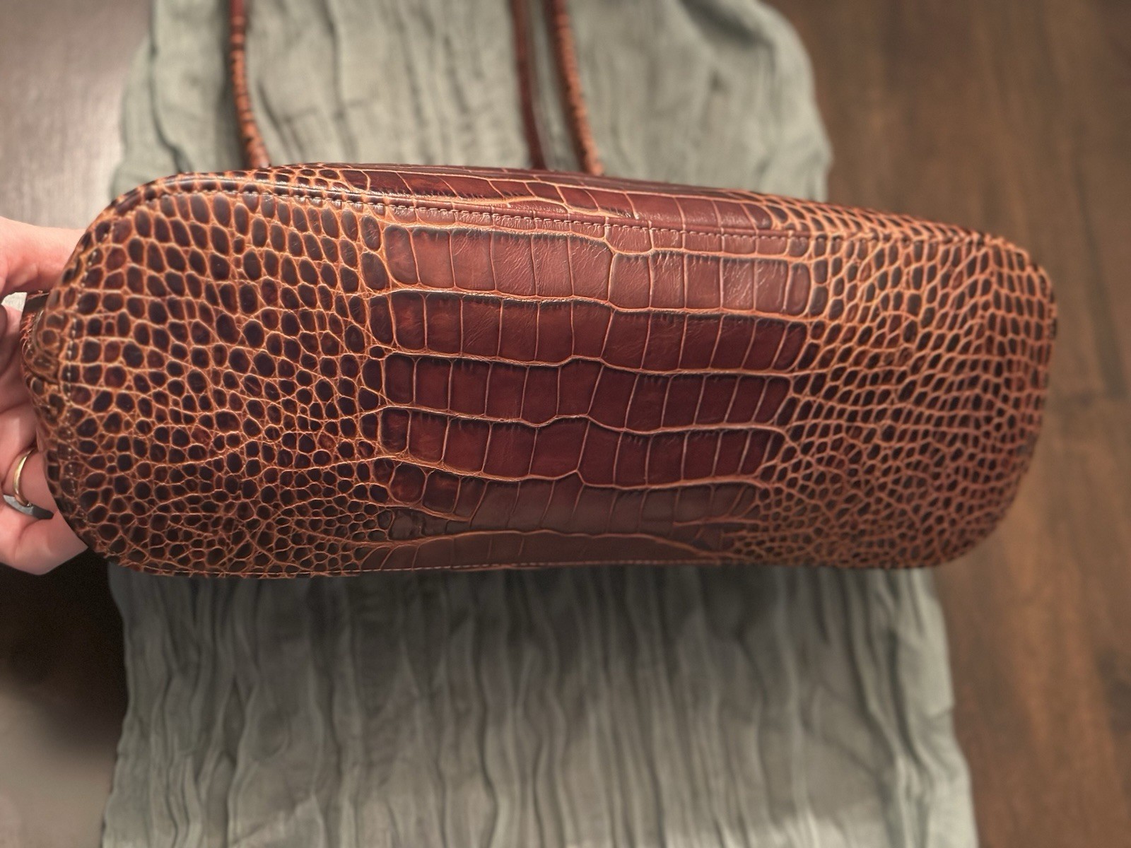 Vintage Longchamp, Roseau, Medium Tote, Brown Crocodile Pattern, Dbl Zip