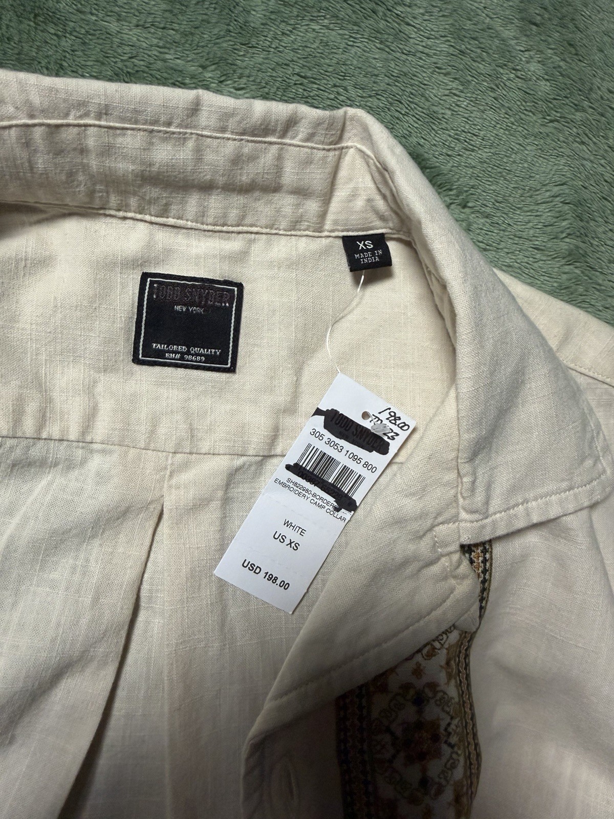Todd Snyder Mens XS Cream Embroidered Cotton Camp Collar Shirt MSRP $198