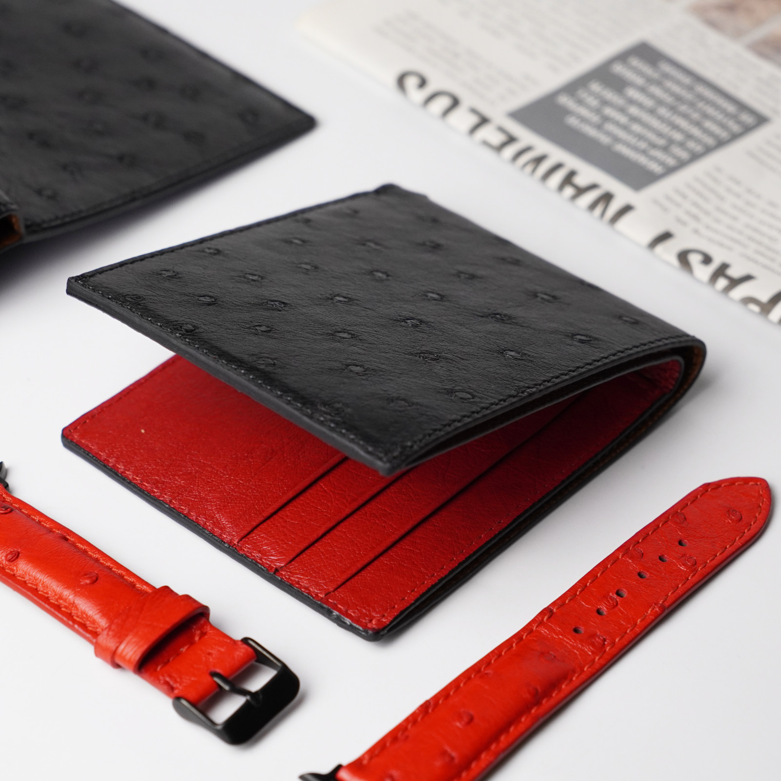 Genuine Ostrich Black/Red Bifold Leather Wallet Men’s Skin Wallet Handmade