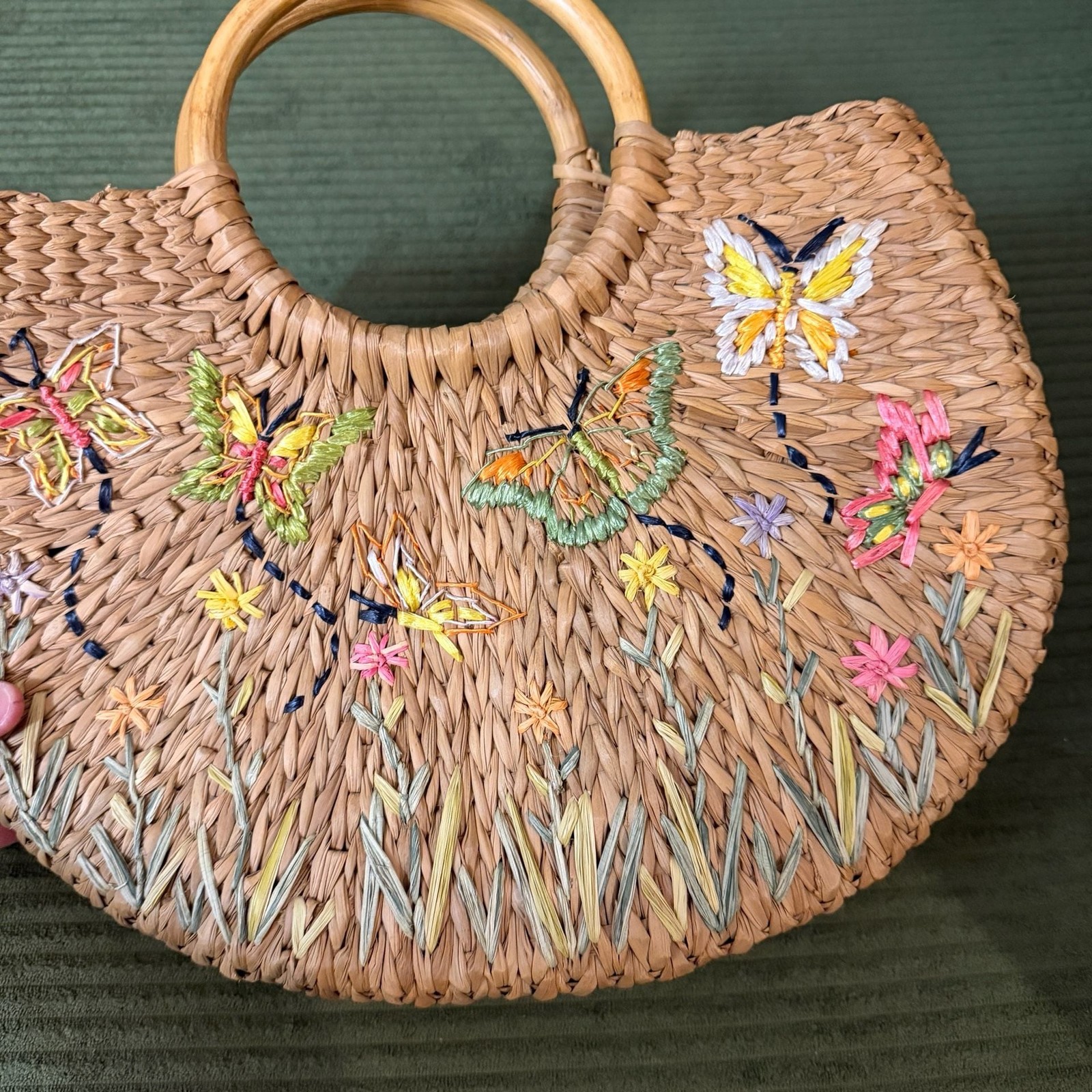 Lord & Taylor Woven Straw Handbag with Embroidered Butterflies and Flowers