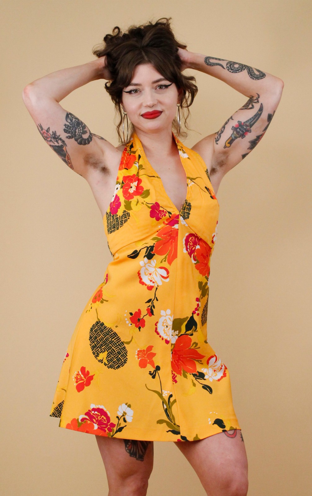60s 70s Vtg Yellow Floral Micro Mini Dress Halter Top Mod Hawaiian Handmade Xs