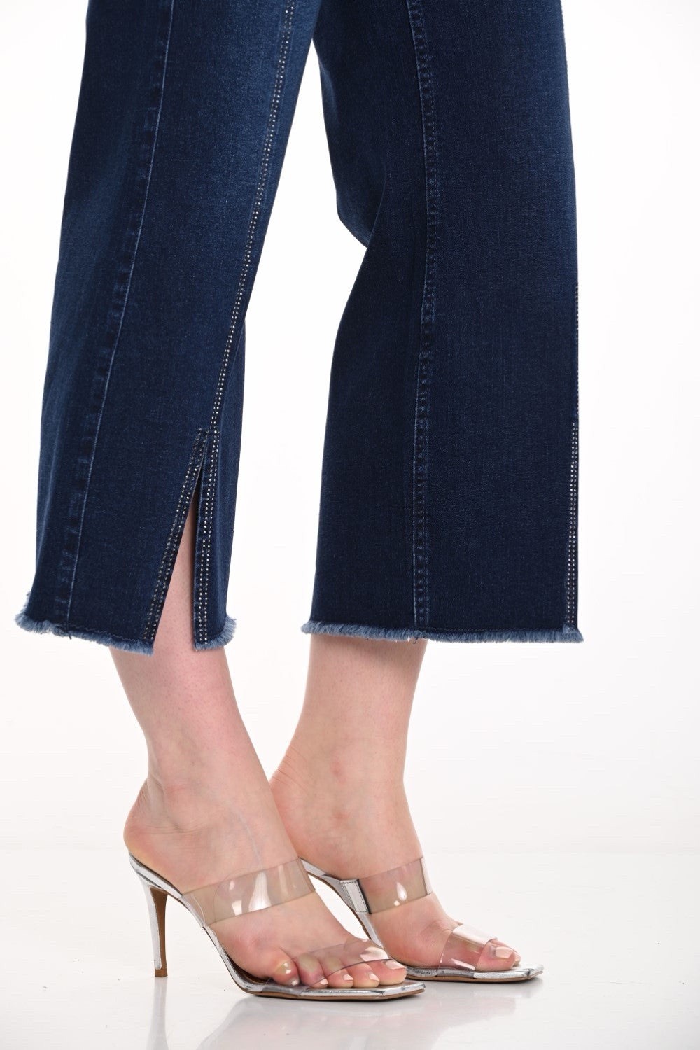 NWT Frank Lyman 256797U Blue Cropped Wide Leg Jeans Rhinestone Hem Womens Size L