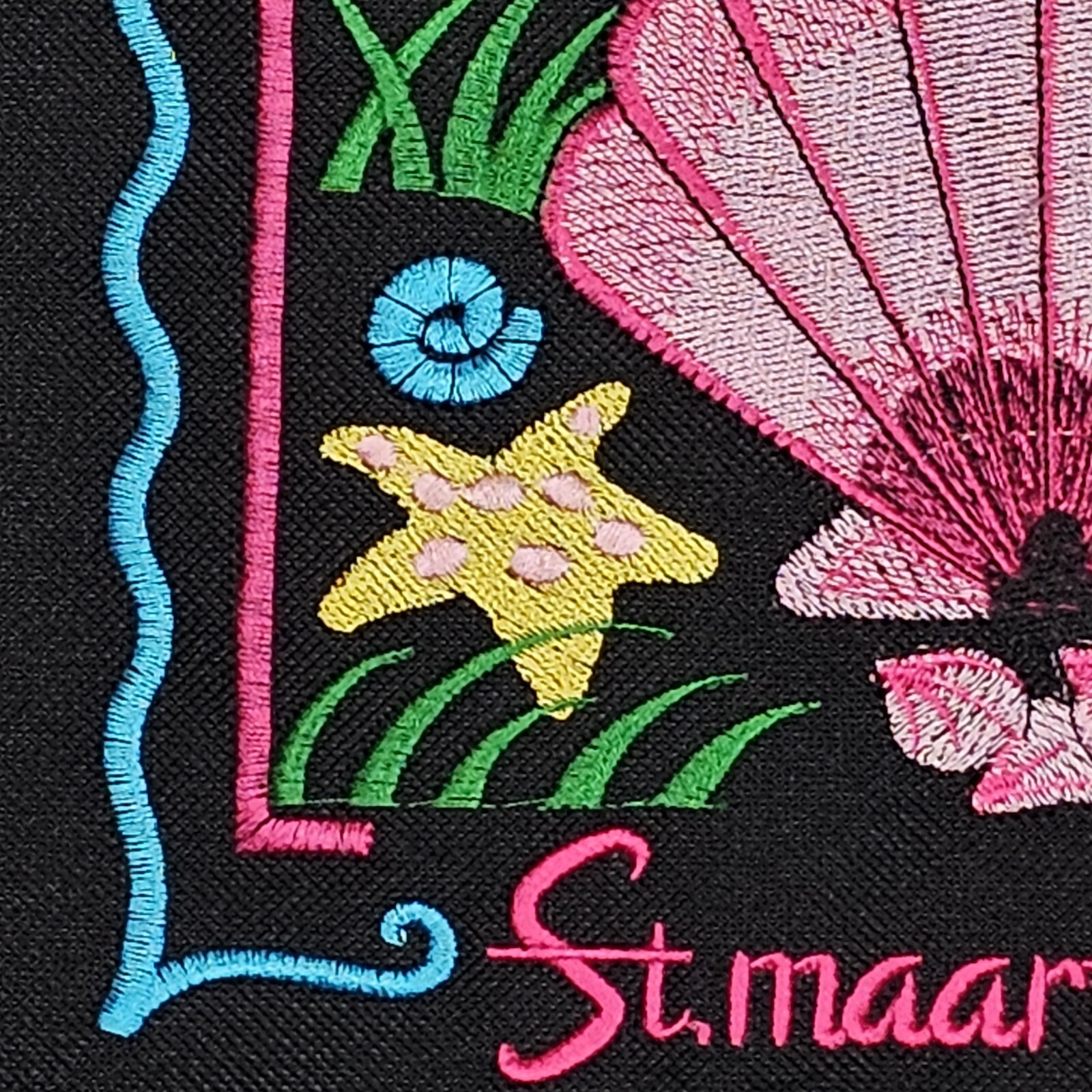 St. Maarten N.A. Beach Black Embroidered Tote Bag Zipper Closure Sea Clam Ocean