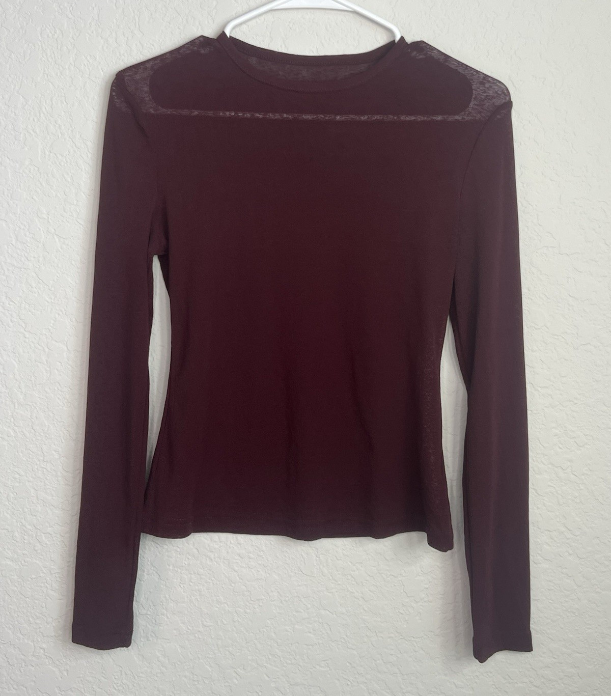 Burgundy Sheer Y2K Mesh Long Sleeve Top | Slim Fit Layering Tee