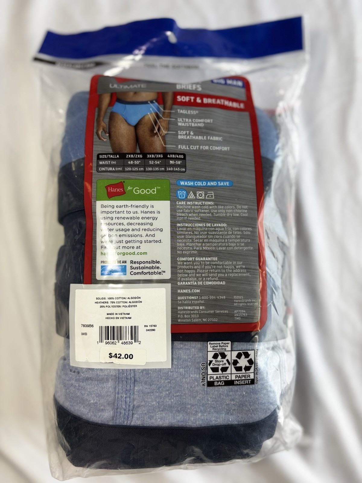 Hanes Briefs Men 3XB Multi Ultimate Big Man Tagless 6-Pack 7839B6 52-54” NEW