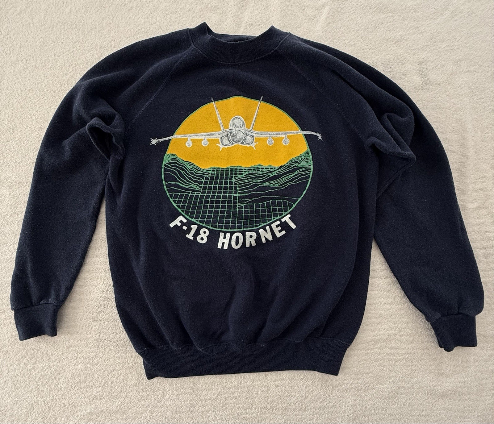 F-18 Sweatshirt Size Med (38-40) Navy Blue Crew Neck Long Sleeve Made In USA
