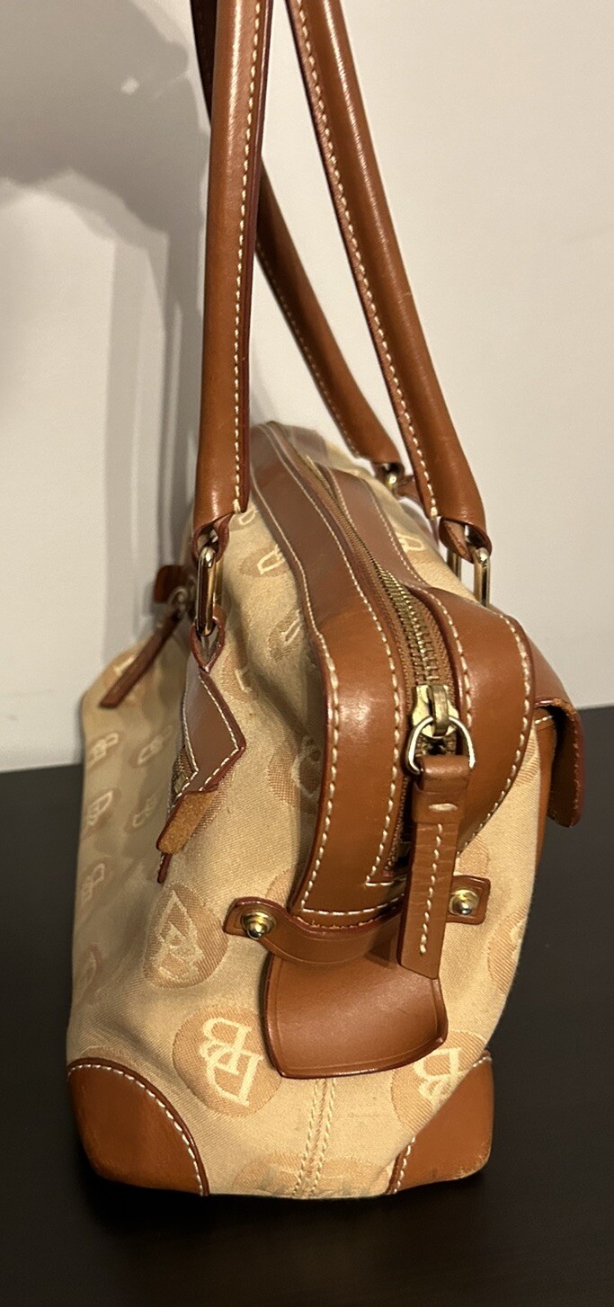 Dooney Bourke Satchel Purse Tan Canvas Leather 2 Front Lock Double Pocket