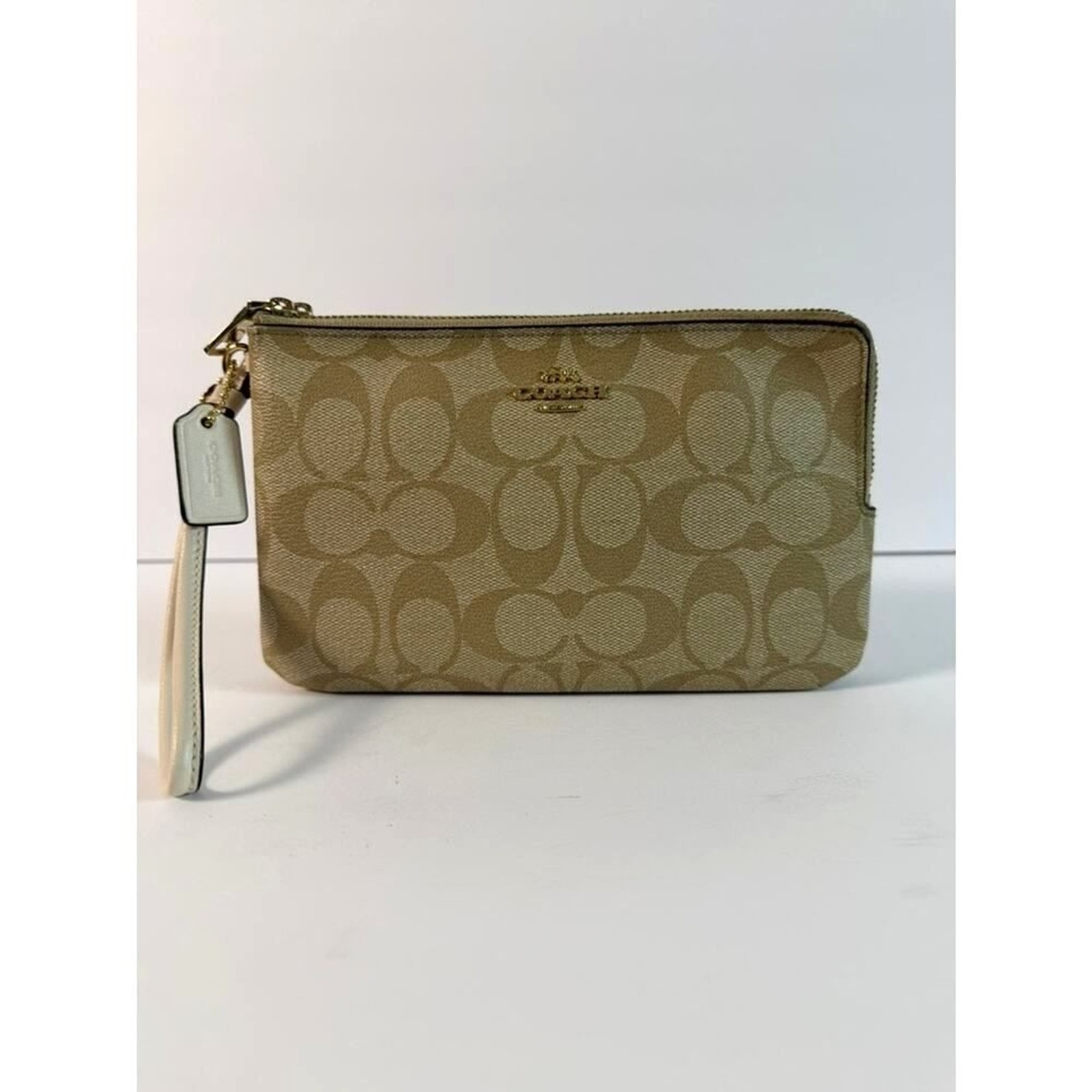 Coach Signature Corner Zip Wristlet Khaki Ivory Canvas Leather Trim EUC