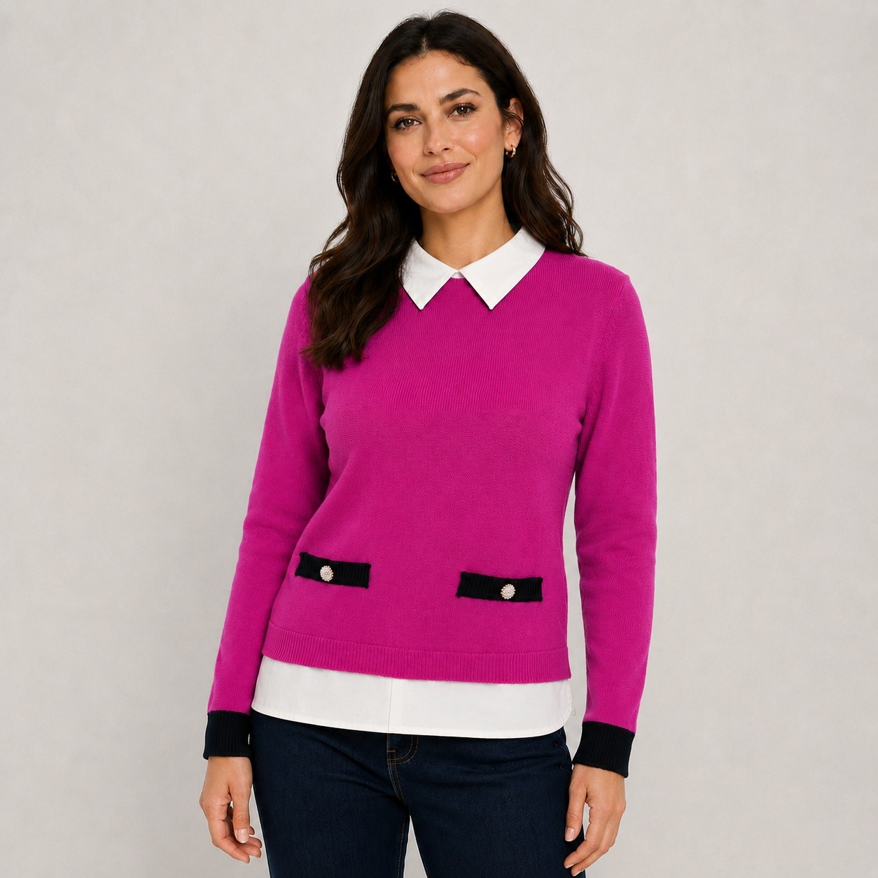 Karl Lagerfeld Layered Look Collared Sweater Womens Sz Small Pink Rhinestone