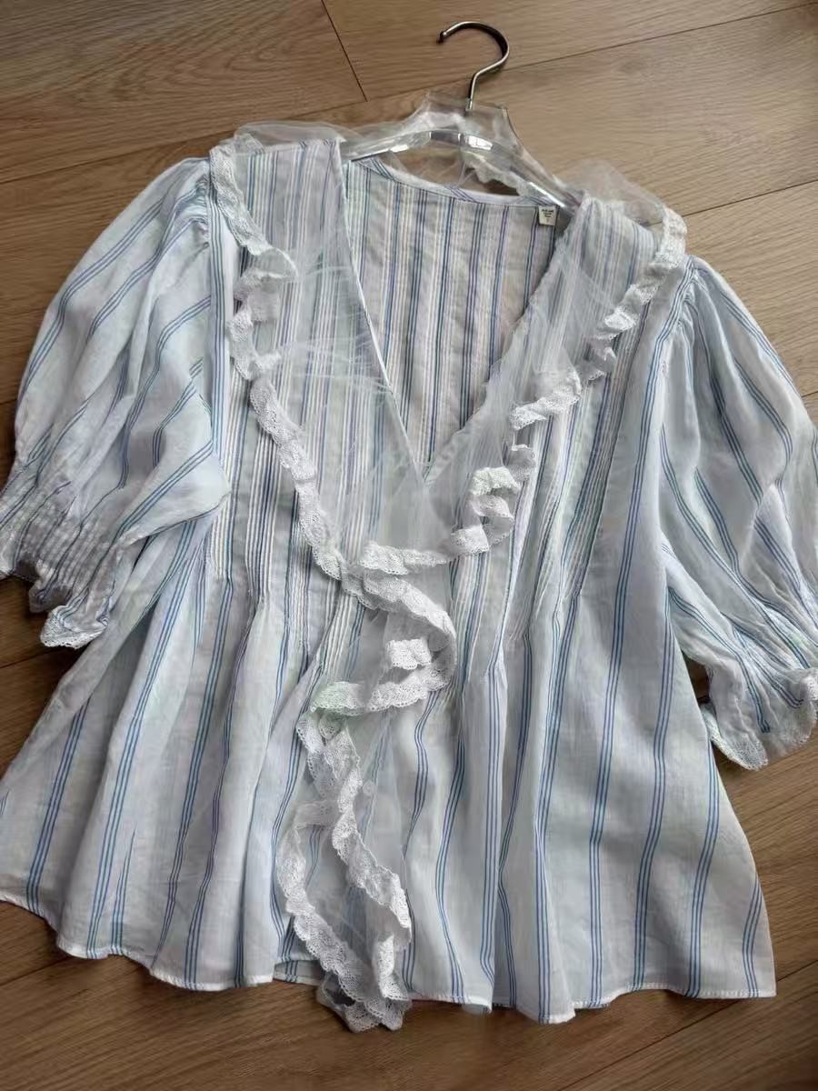 Doen Cotton Breathable Lace Lace Bubble Sleeve Ruffle Solid Stripe Top new