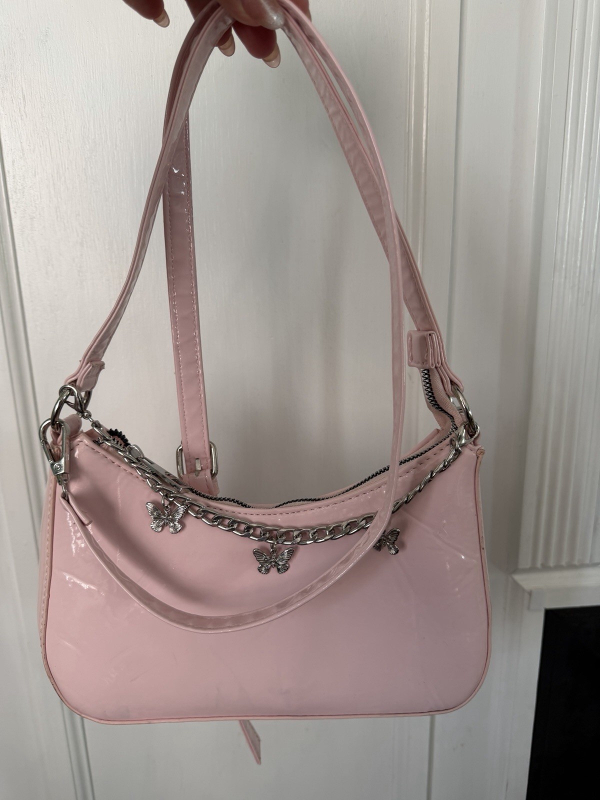 Primark Pink Patent Shoulder Bag Crossbody Strap Detachable Strap Silver Zip