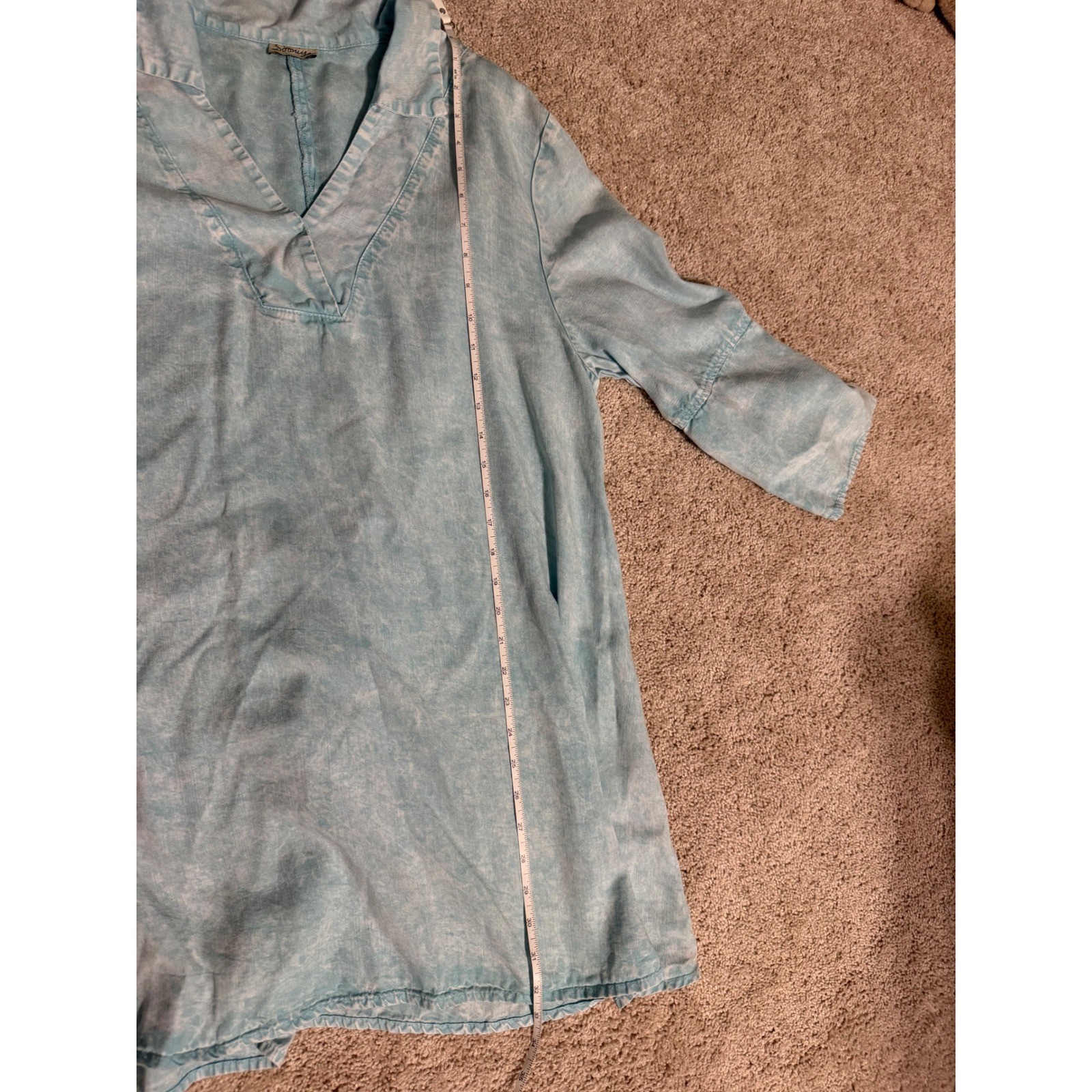 Sooniya Womens Light Blue Acid Wash Tencel Cotton V-Neck Tunic Top or DressLarge