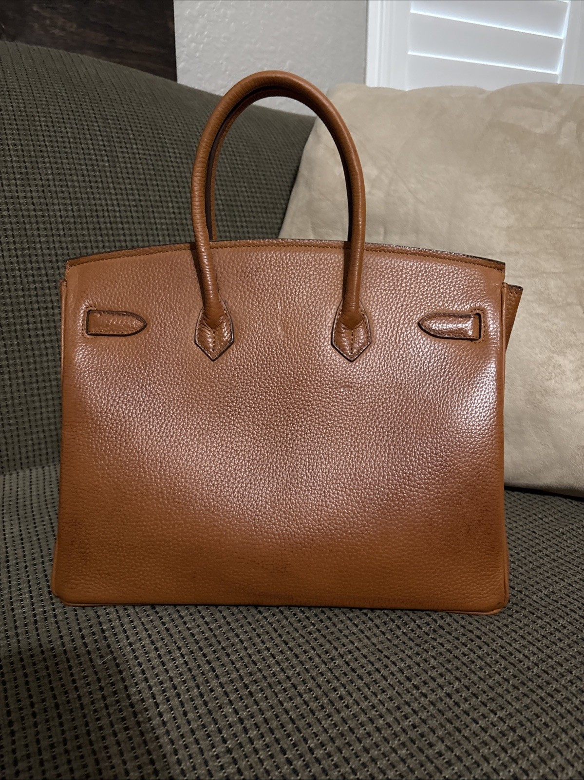 100% Genuine Bonded Leather Structured Satchel Tote Brown Gold Lock Large Bag