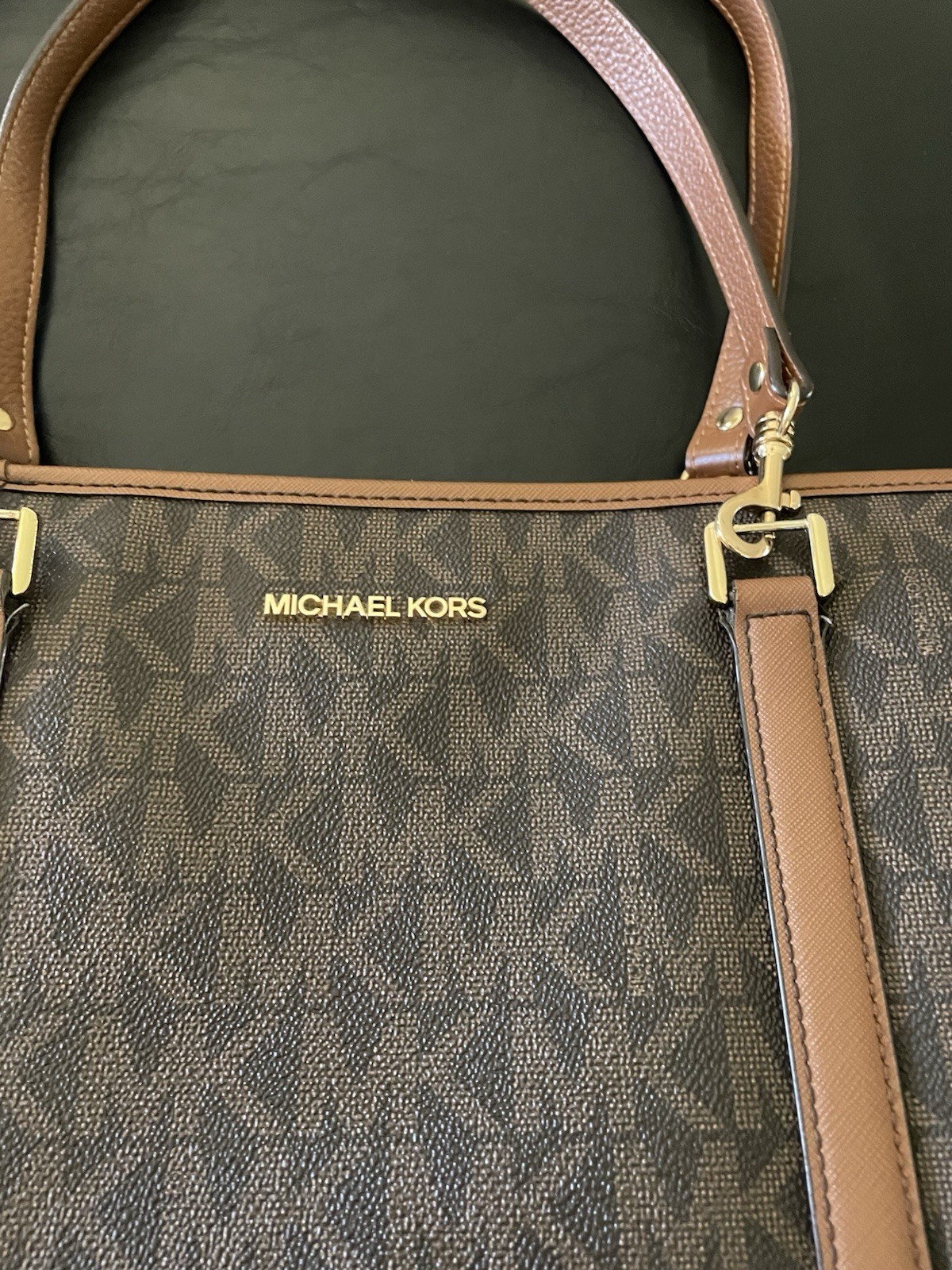 Michael Kors Monogram Logo Brown Zip Top Medium Tote Gold Hardware