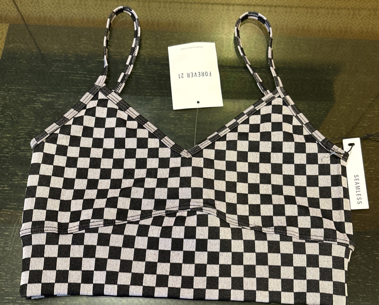 FOREVER 21 Crop Top Seamless Bralette Black Check Medium NWT