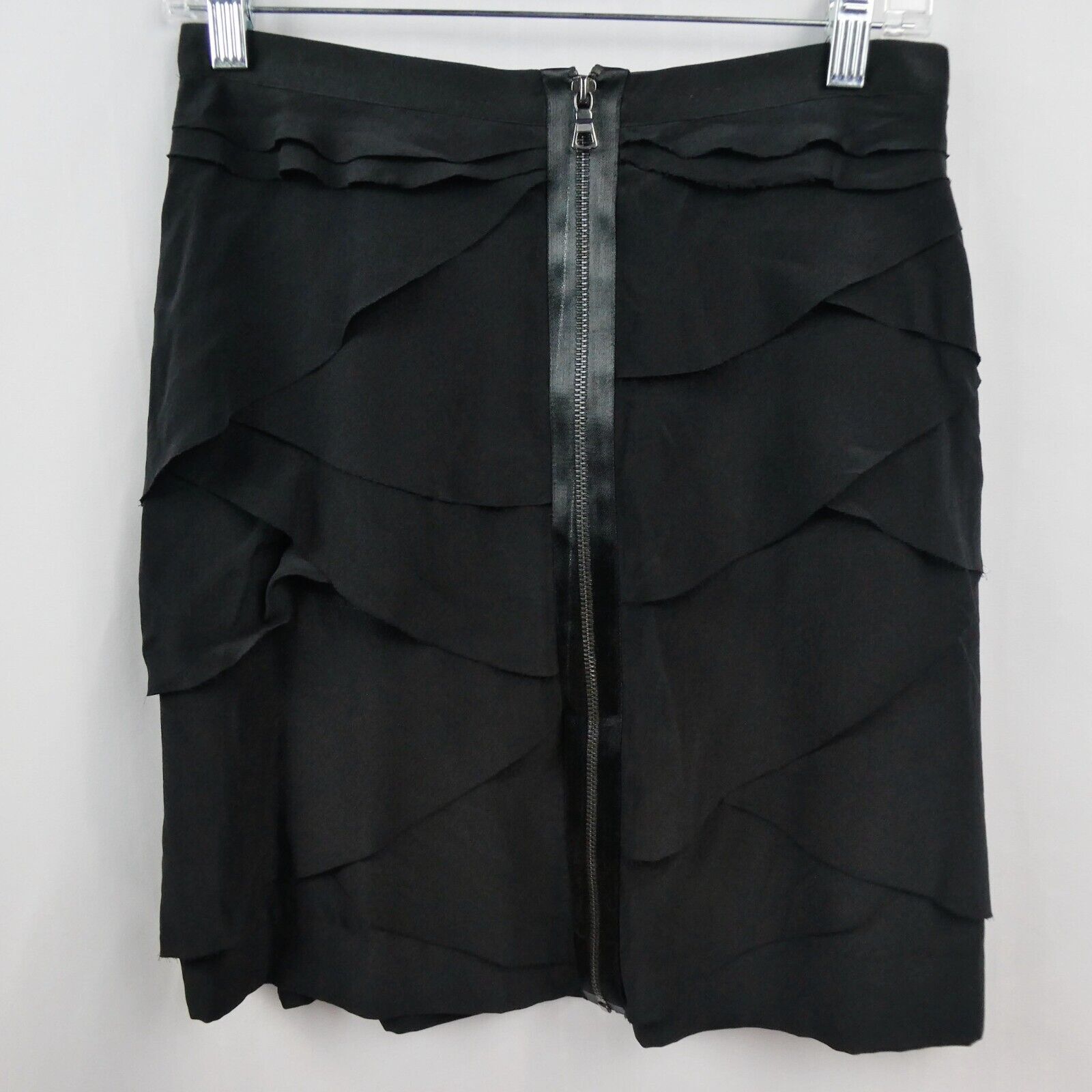Robert Rodriguez Silk Exposed Zip Mini Skirt Sz 6 Black Tiered Chiffon