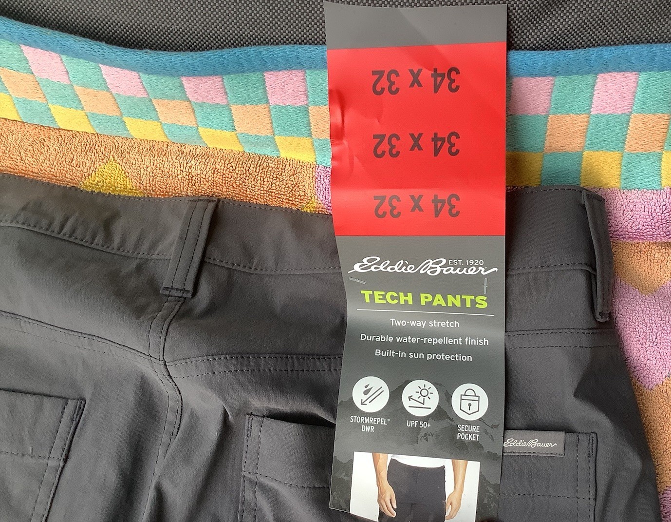 New Eddie Bauer Tech Pant With Storm Repel, UPF 50+, Secure Pocket. Grey, 34×32