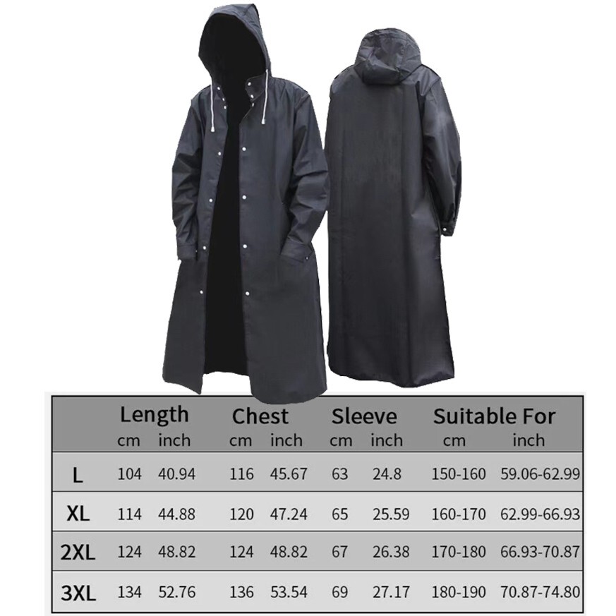 Men Waterproof Long Raincoat Black Hooded Trench Jacket Outdoor Hiking Rain Coat