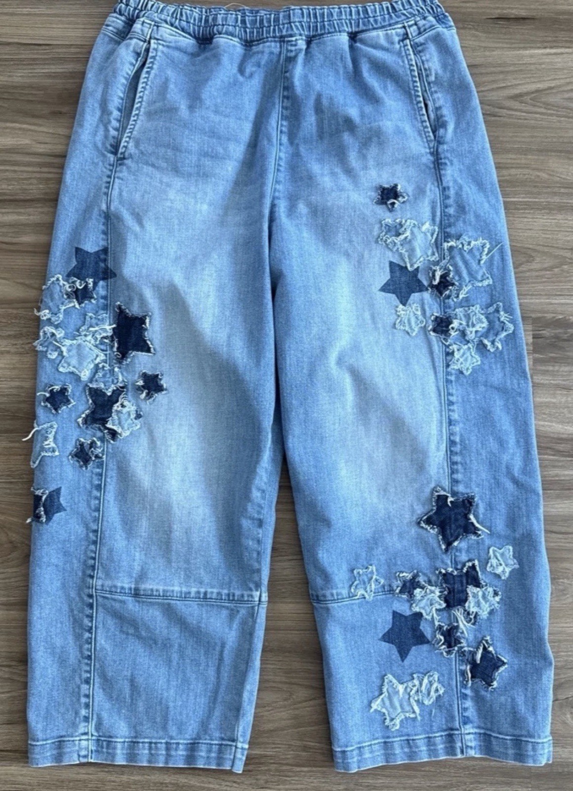 Pilcro Anthropologie Izzie Relaxed Pull On Frayed Start Patch Barrel Jeans L