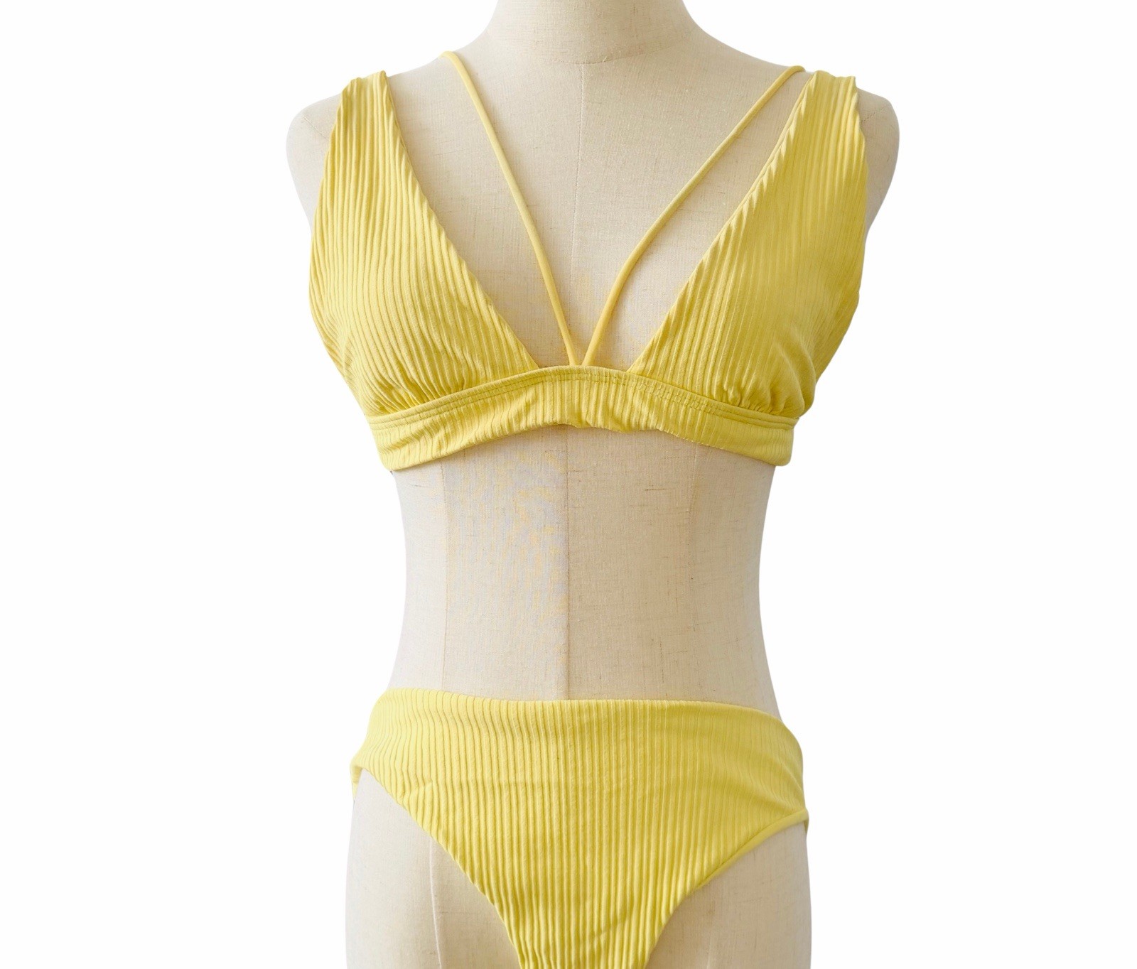 Beach Bunny Lemon Yellow Larson High Apex Ribbed Bikini Top & Bottom XL $260 Ret