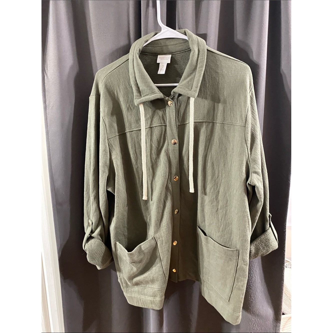 Chico’s Sage Green Button-Front Utility Jacket with DrawstringEUC CLEAN