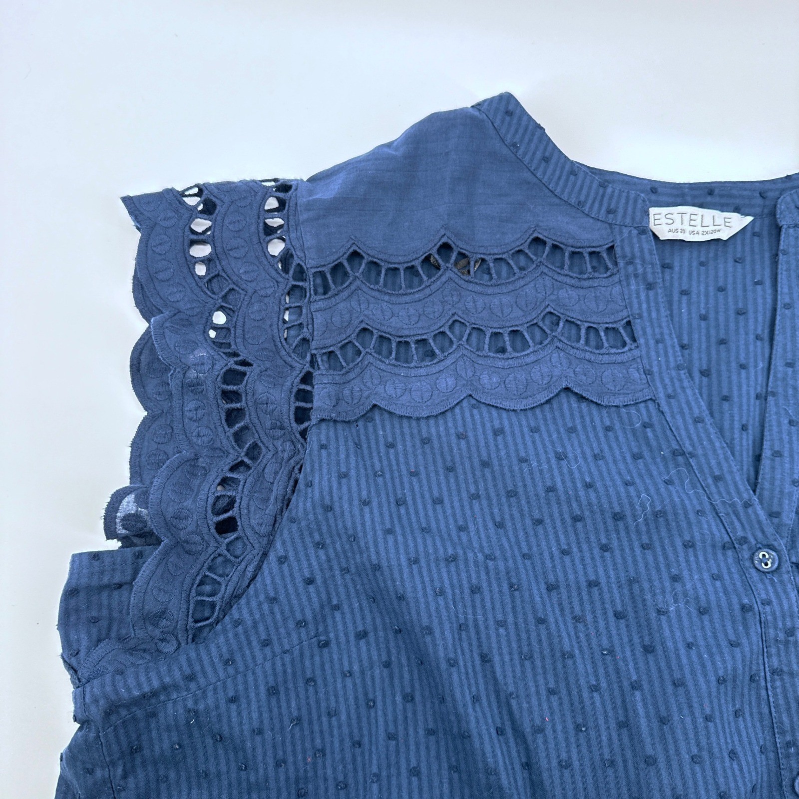 Estelle Navy Blue 2X/20W Eyelet Flutter Sleeve Button Down Blouse Top Swiss Dot