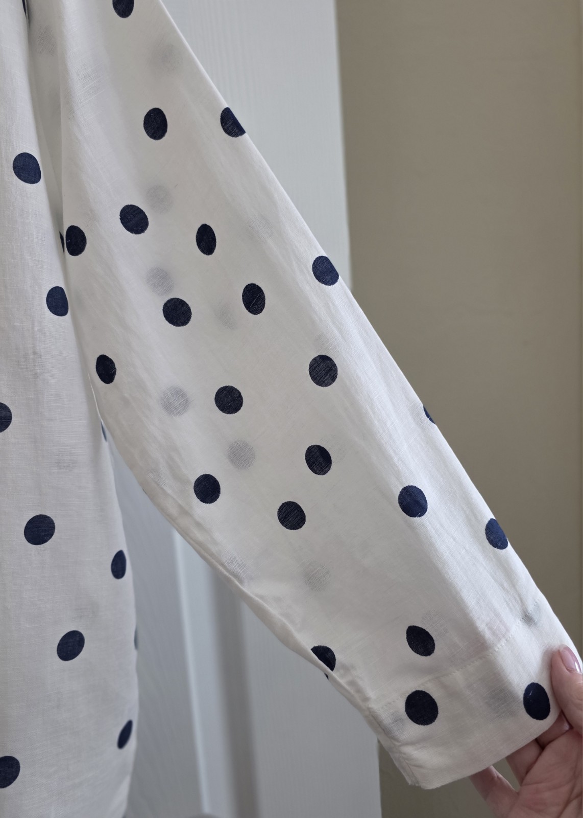 Hester & Orchard Linen Blend XL Blouse White Navy Polka Dots Long Sleeves Summer