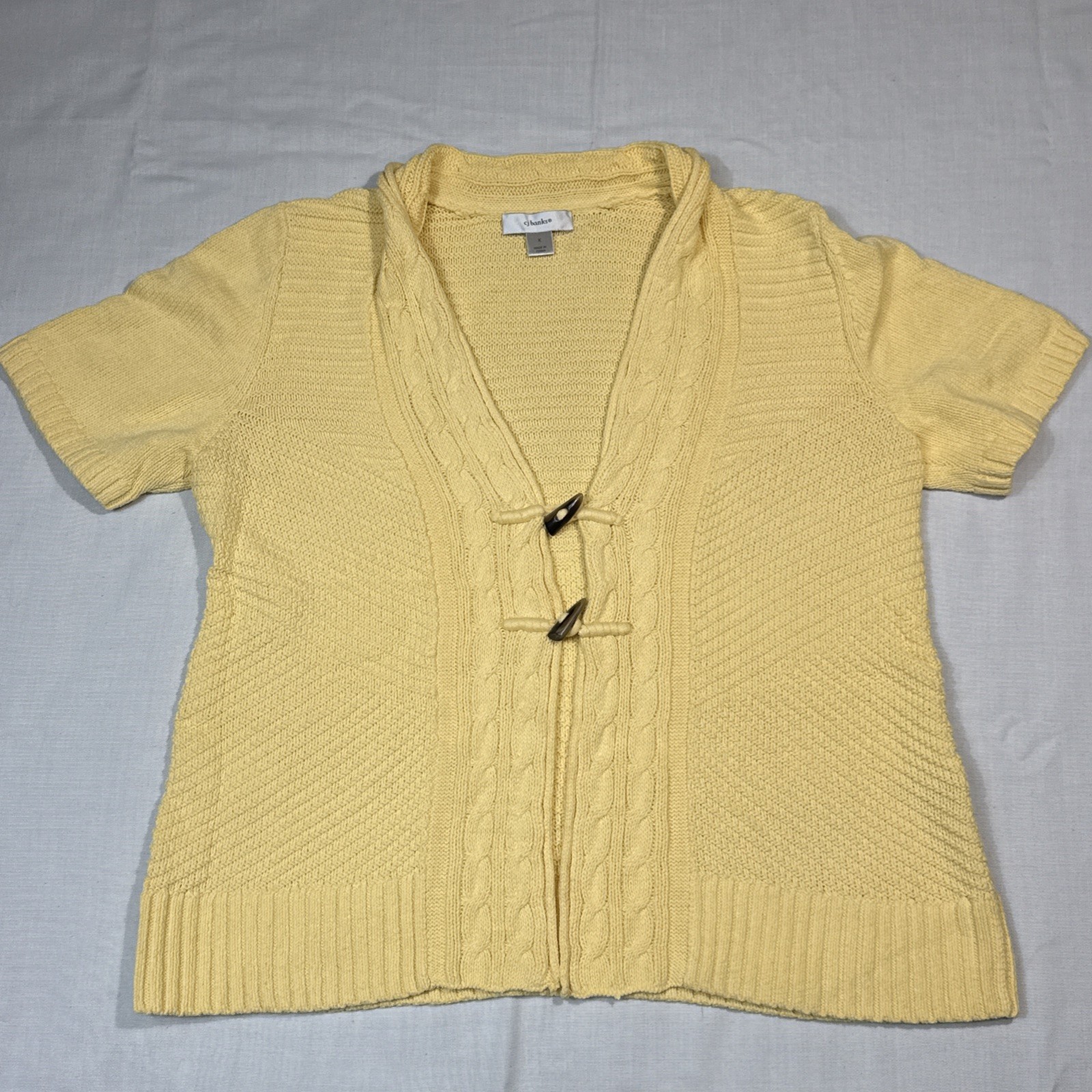 CJ BANKS Cardigan Sweater Yellow Size X Short Sleeve Toggle Button Career Soft