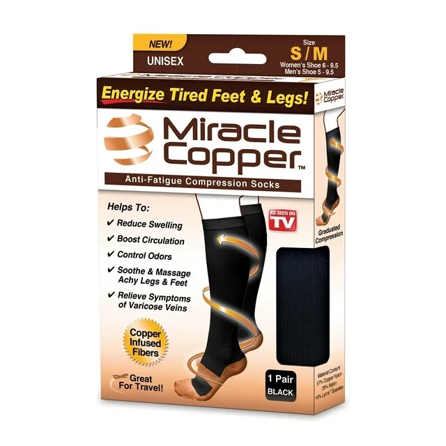 Miracle Copper® 1 Pair BLACK Compression Socks ~Anti-Fatigue~ Great For Travel!