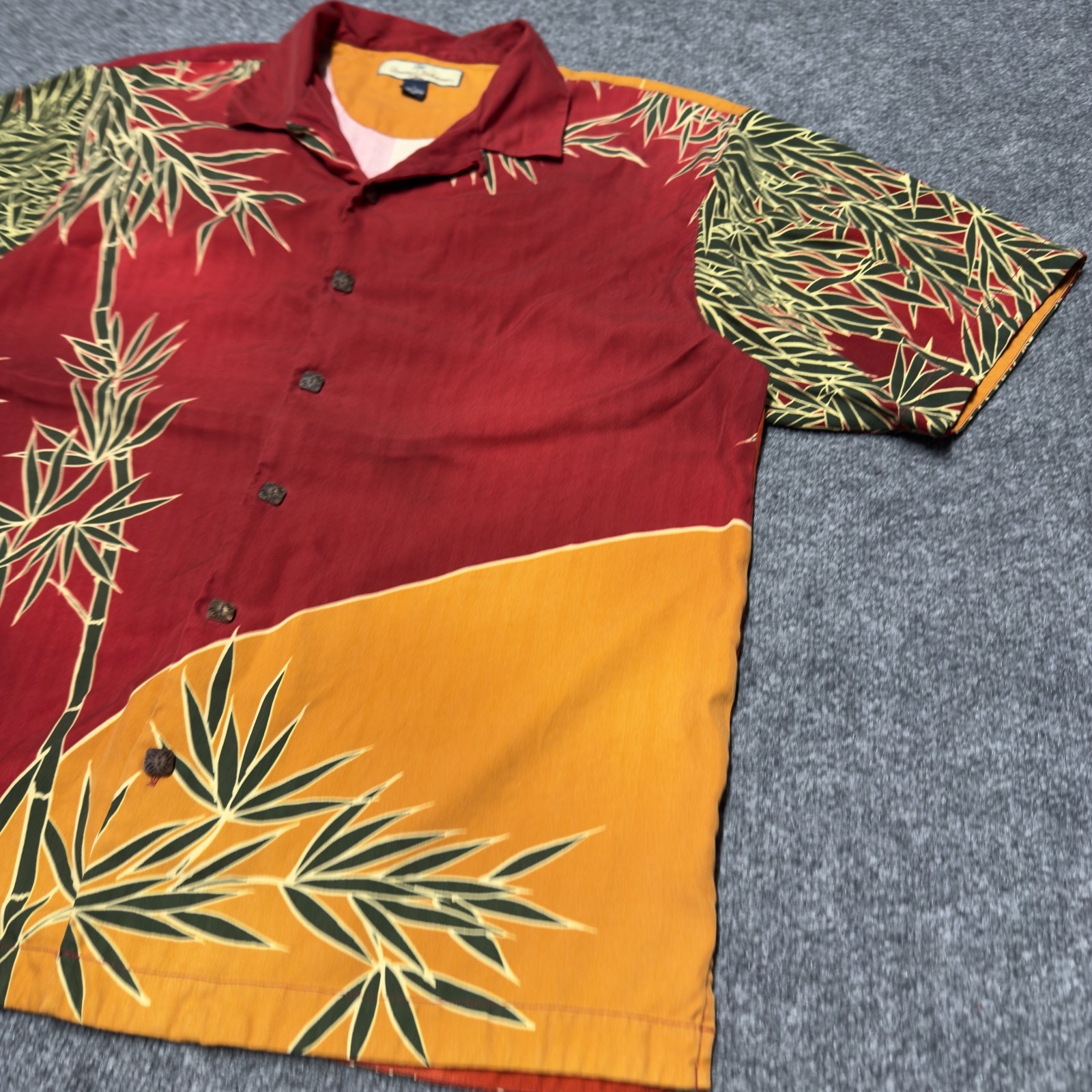 Tommy Bahama 100% Silk Bamboo Herringbone Shirt Hawaiian Camp Loop Button Large