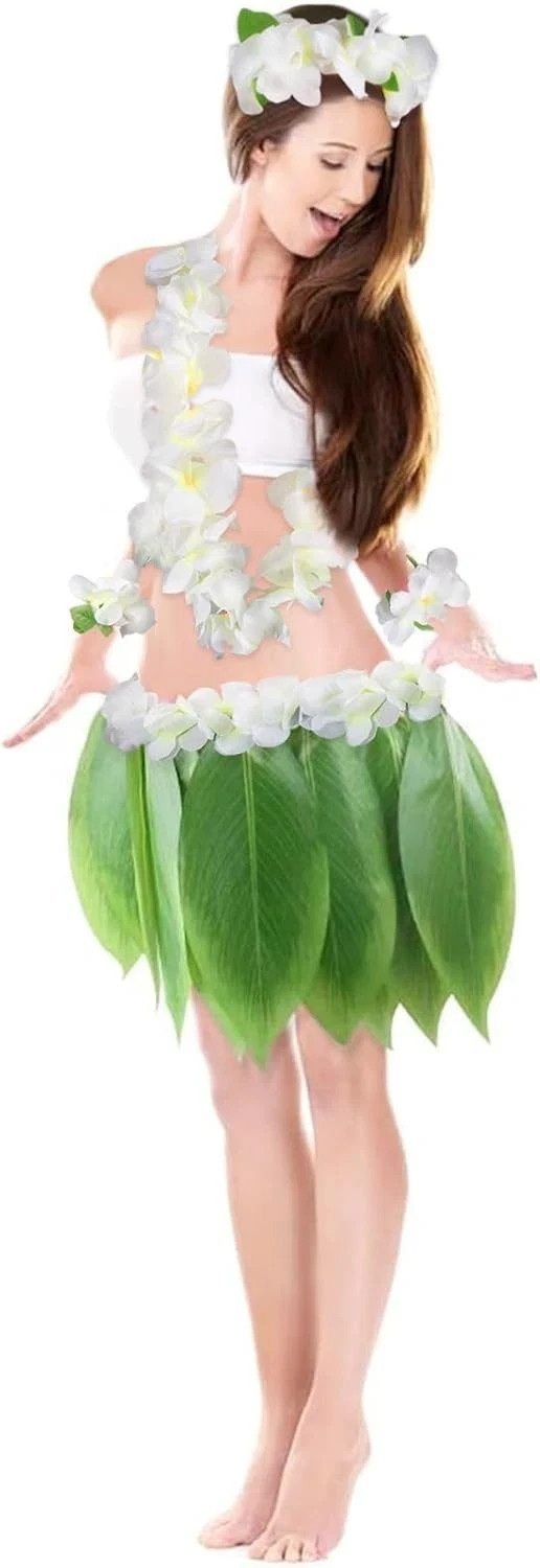 DomeStar Leaf Hula Skirt and Garland Set, Hawaiian Style Halloween Dress Costume